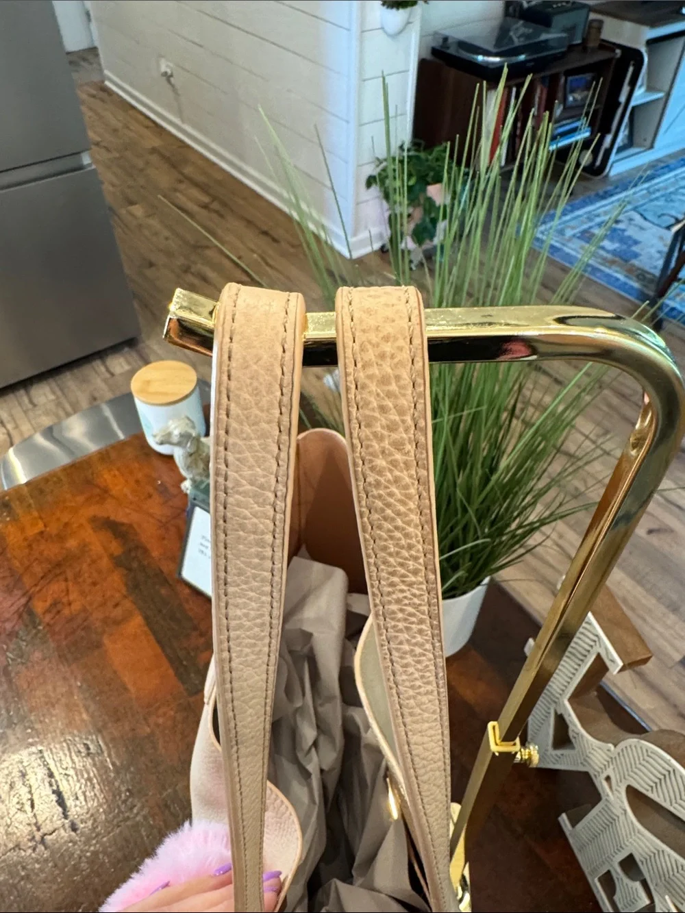 Tory Burch Pebbled Leather Tote with Pink Fur Charm